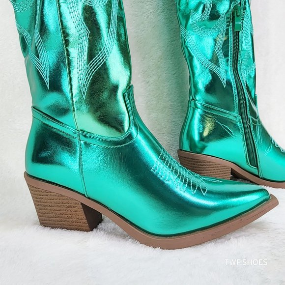 Country Disco Cowboy Metallic Green Western Cowgirl OTK Thigh Boots New - Picture 11 of 15